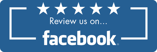 Blue banner reading “Review us on… facebook” with white stars and bracket graphics