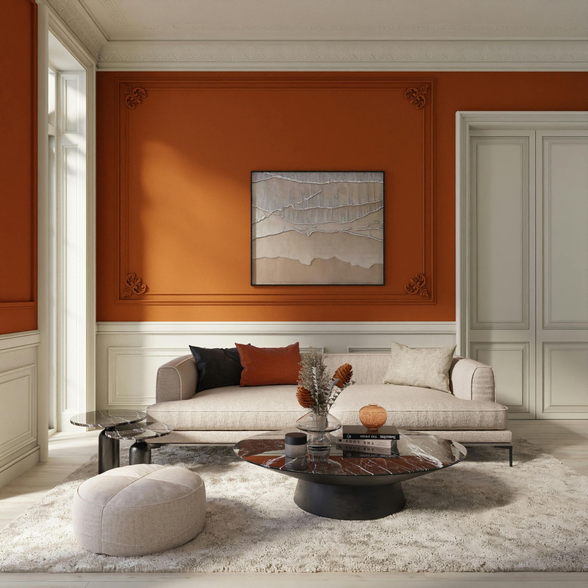 Living room with orange walls, white trim, beige sofa, marble coffee table, and art.