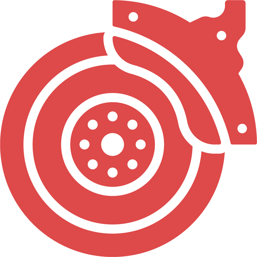 A red and white icon of a brake disc on a white background.