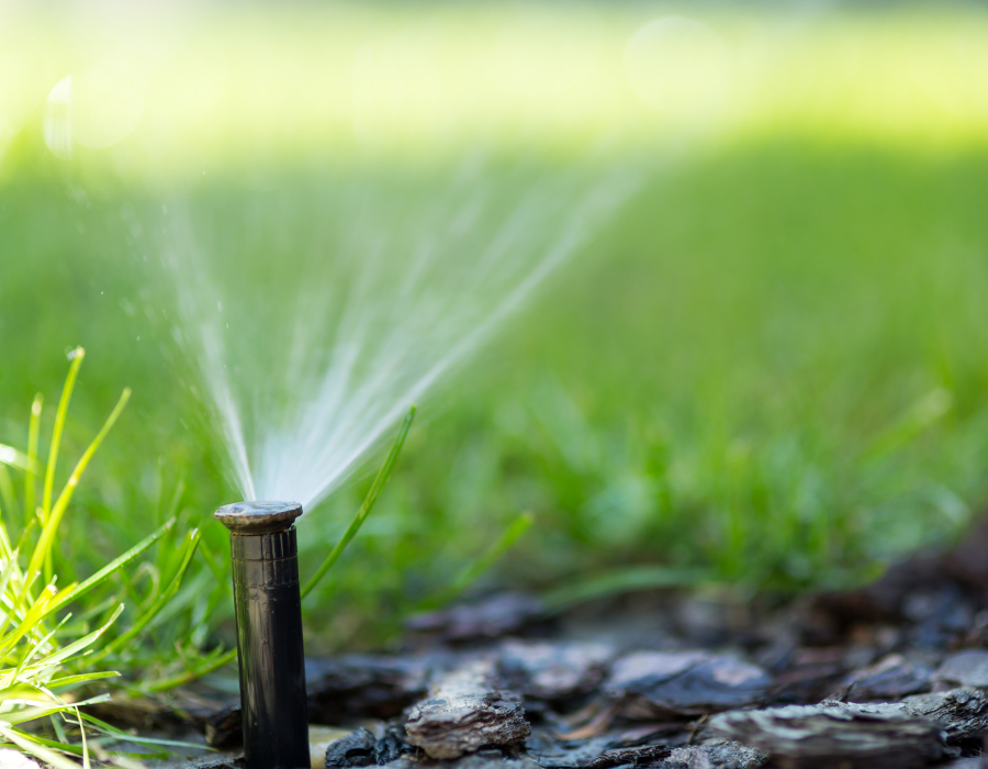 Irrigatore che irriga l'erba verde in un ambiente esterno soleggiato.