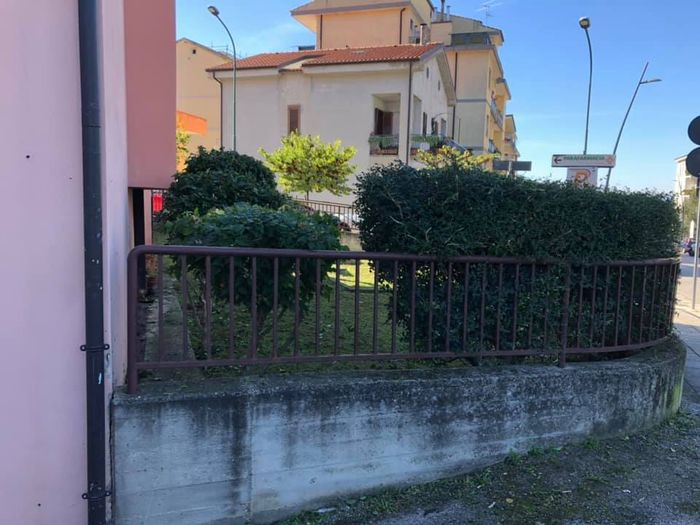 Basso muro di cemento con ringhiera in metallo, cespugli verdi e un edificio chiaro sullo sfondo.