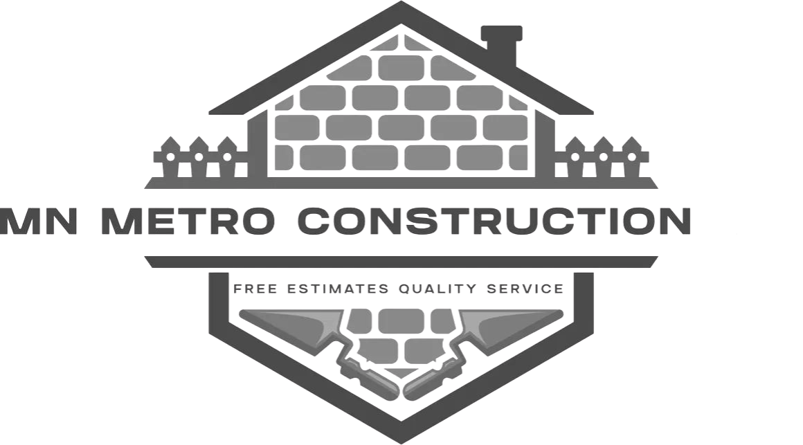 MN Metro Construction logo: House silhouette over bricks, surrounded by a shield shape, with text "MN Metro Construction" above and "Free Estimate, Quality Service" below.