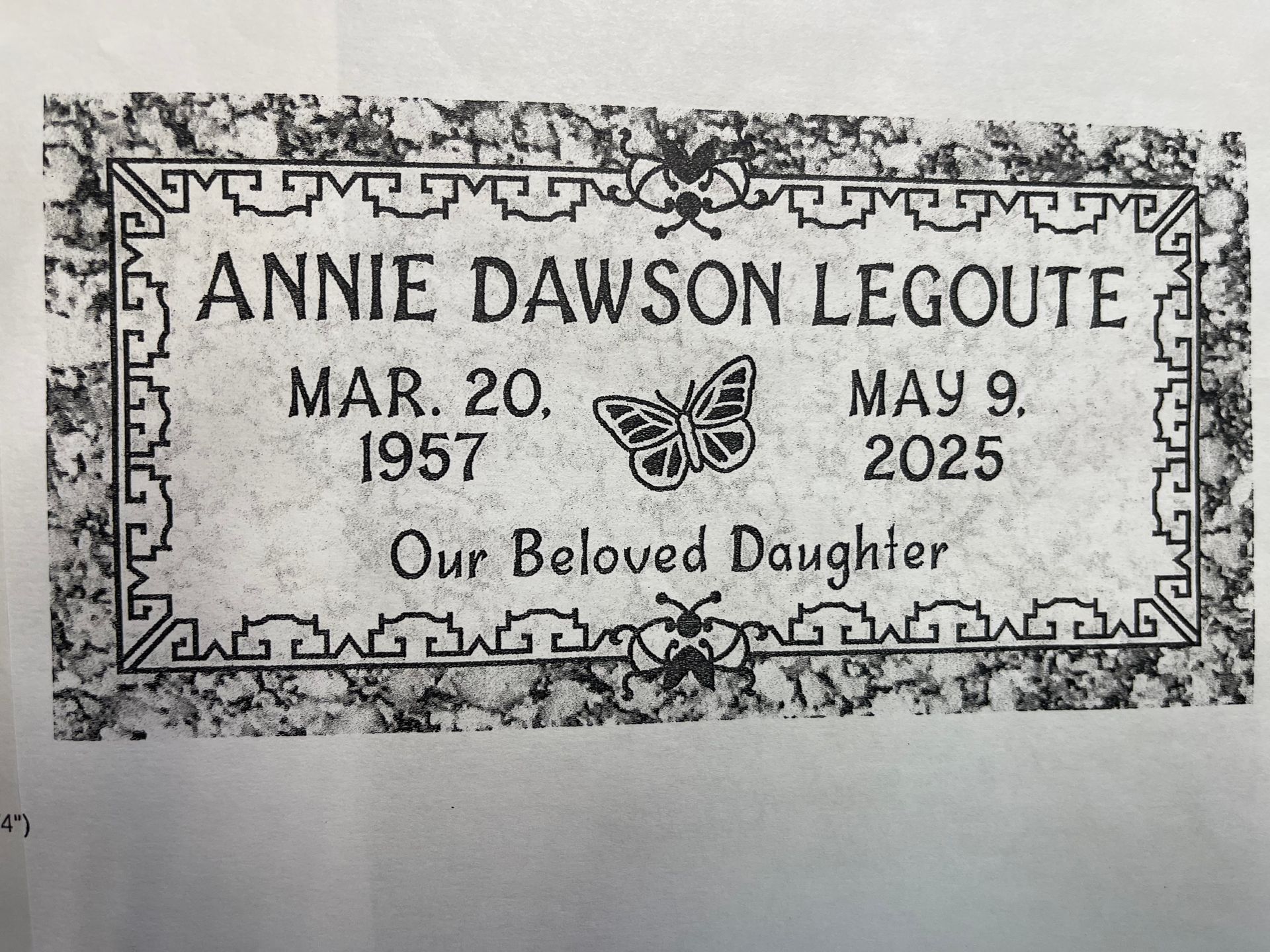 Gravestone of Annie Dawson Legoute, born March 20, 1957, died May 9, 2025. Inscription: 