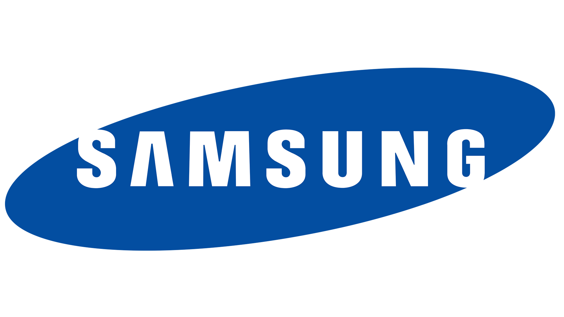 Samsung logo in white on a blue oval background