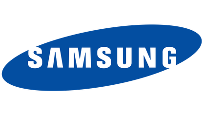 Samsung logo in white on a blue oval background