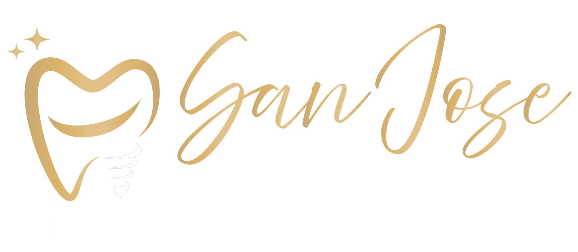 Logo for San Jose Dental Studio. Gold tooth with sparkles, black implant, and text.