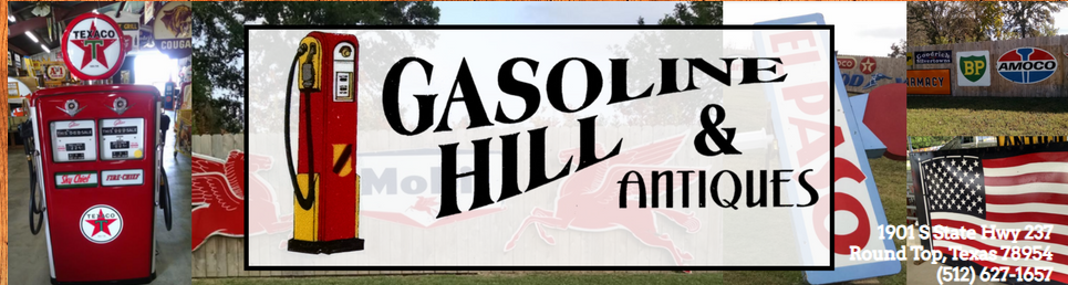 A banner for Gasoline Hill & Antiques featuring a vintage gas pump, bold lettering, and a backdrop of antique signs.