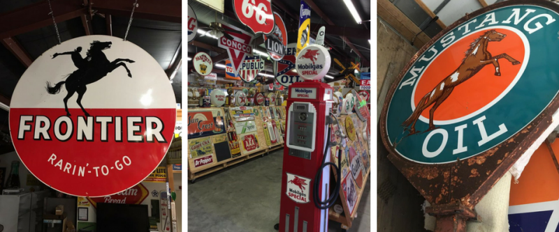 Three panels show vintage gas station signs and a gas pump, including branding for Frontier and Mustang Oil.