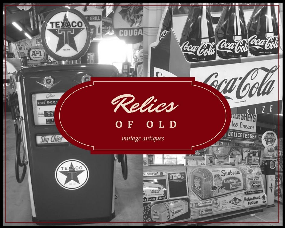 A collage of vintage collectibles, including a Texaco gas pump and Coca-Cola signage, with the text 