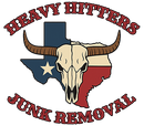 Logo for "Heavy Hitters Junk Removal" with a Texas state outline, longhorn skull, and red, white, and blue colors.