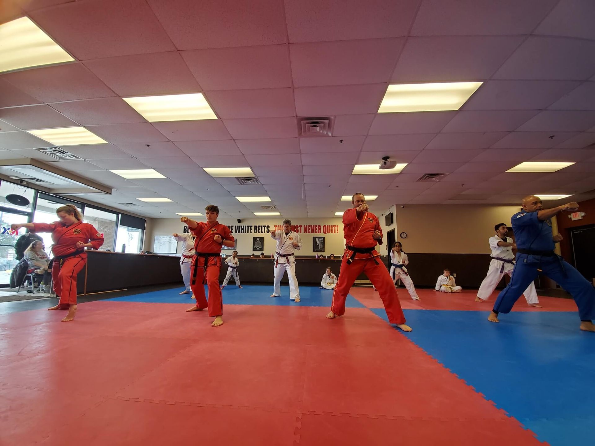 Family practicing Karate basics at Wisconsin National Karate in New Berlin, WI, building fitness and confidence together.