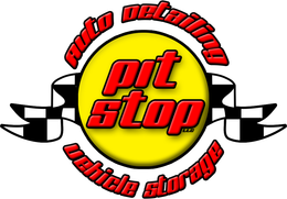 a logo for pit stop auto detailing and vehicle storage
