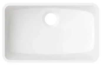 A white kitchen sink with a hole in the middle on a white background.