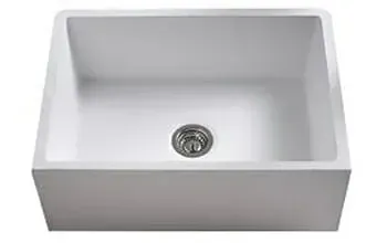 A white sink with a stainless steel drain on a white background.