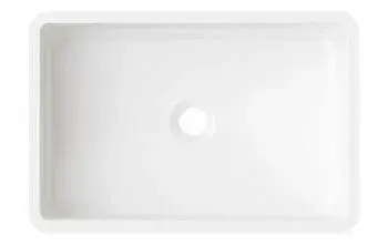 A white rectangular sink with a hole in the middle on a white background.
