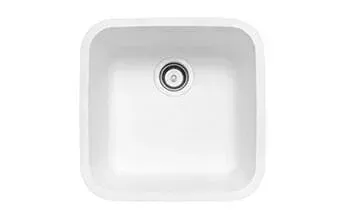 A white kitchen sink with a drain on a white background.