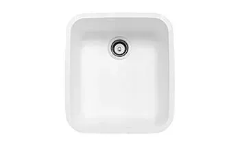A white kitchen sink with a drain on a white background.