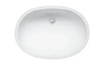 A white oval sink with a drain hole on a white background.