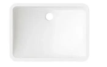 A white rectangular sink with a hole in the middle on a white background.