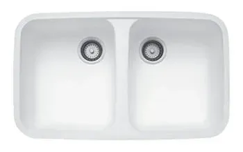 A white kitchen sink with two drains on a white background.