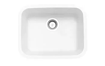 A white kitchen sink with a stainless steel drain on a white background.