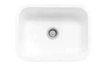 A white kitchen sink with a stainless steel drain on a white background.