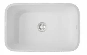 A white sink with a drain hole in the middle on a white background.