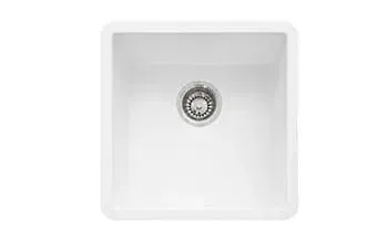 A white kitchen sink with a drain on a white background.