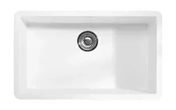 A white kitchen sink with a stainless steel drain on a white background.