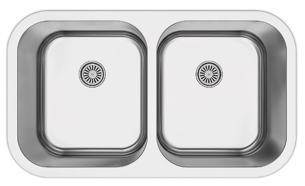 A stainless steel kitchen sink with two drains on a white background.