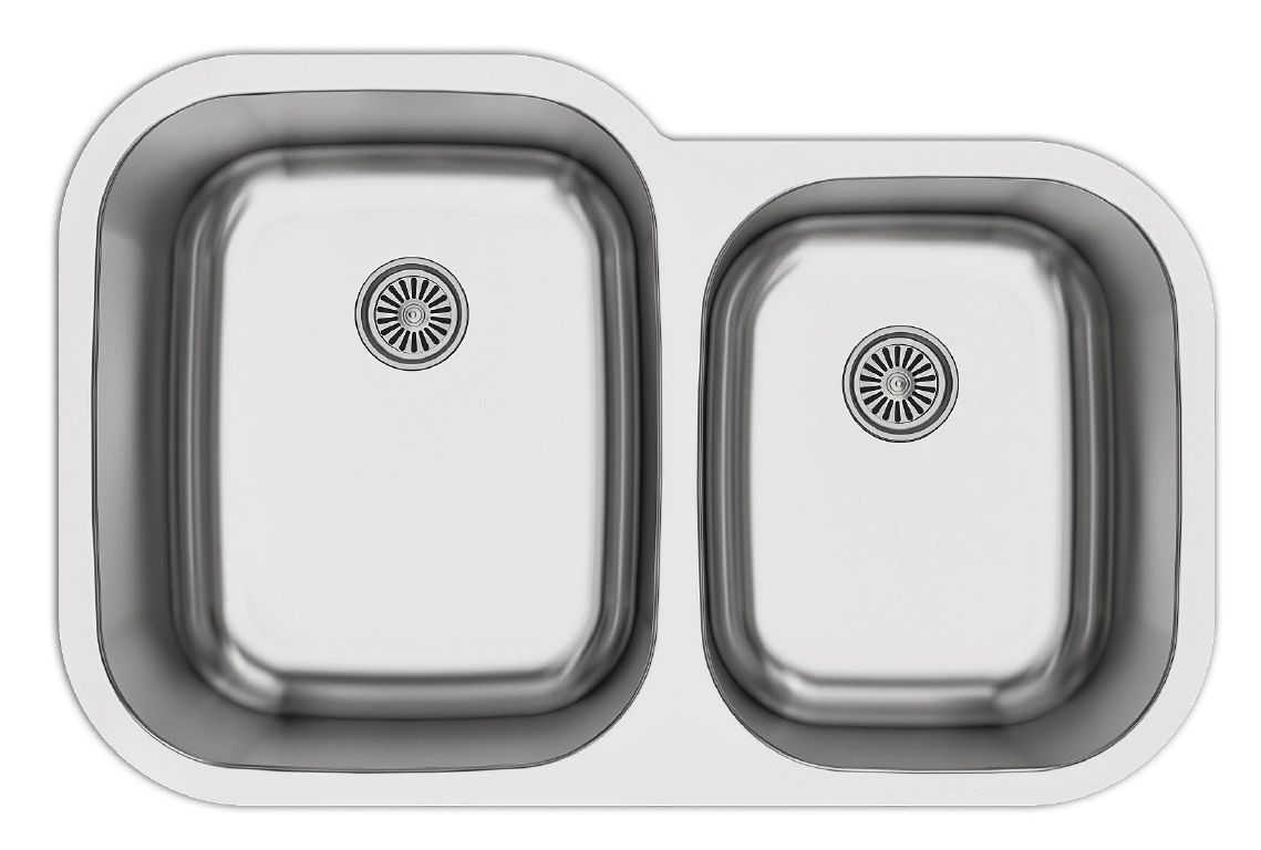 A stainless steel kitchen sink with two bowls and two drains