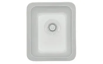 A white kitchen sink with a drain on a white background.