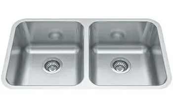 A stainless steel kitchen sink with two sinks and drains on a white background.