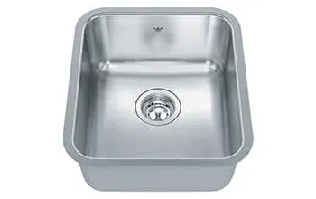 A stainless steel sink with a drain on a white background.