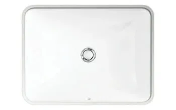 A white bathroom sink with a chrome drain on a white background.