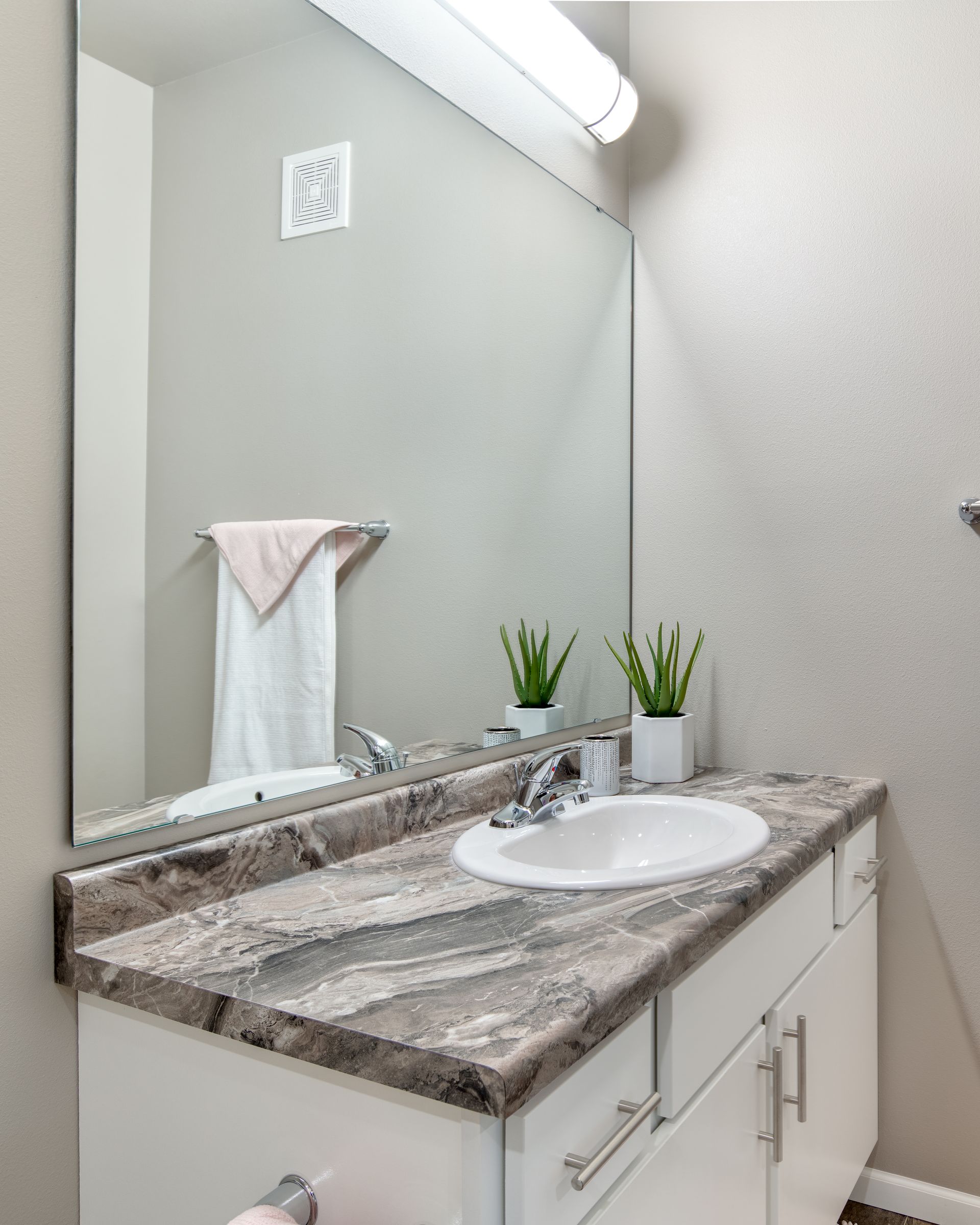 A bathroom with a sink and a large mirror