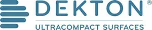 The dekton ultra compact surfaces logo is blue and white