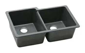 A black kitchen sink with two holes in it on a white background.