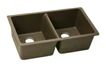 A brown kitchen sink with two compartments on a white background.