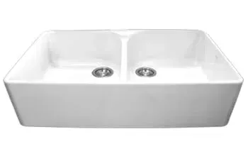 A white square sink with two drains on a white background.