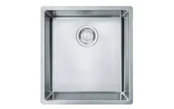 A stainless steel kitchen sink with a drain on a white background.
