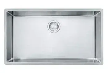 A stainless steel kitchen sink with a drain on a white background.