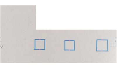 A white piece of paper with three blue squares on it.