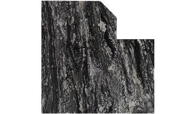 A close up of a piece of black granite on a white background.