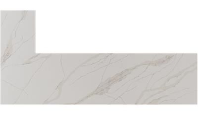 A white marble counter top with a l shaped corner on a white background.