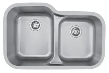 A stainless steel kitchen sink with two drains on a white background.