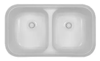 A white kitchen sink with two sinks and a drain on a white background.