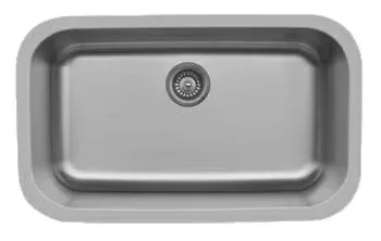 A stainless steel kitchen sink with a drain hole