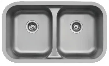 A stainless steel kitchen sink with two drains on a white background.