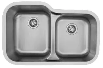 A stainless steel kitchen sink with two drains on a white background.